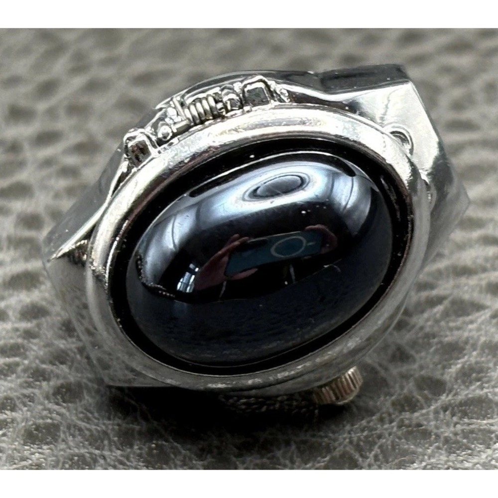 Bozhi Black Oval Resin Cabochon Watch Ring Adjustable Band NEEDS BATTERY
